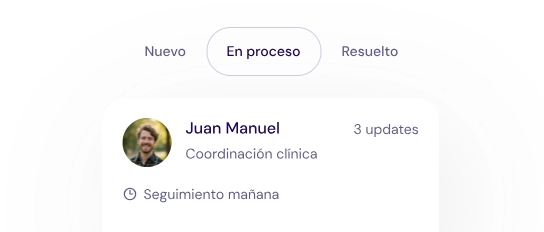 Interfaz de seguimiento de tareas en Ekinplace mostrando el flujo Nuevo, En proceso, Resuelto