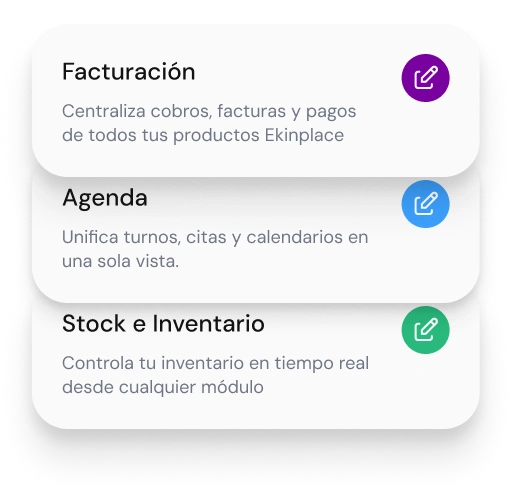 Ilustración de módulos integrados: agenda, facturación e inventario en un solo flujo