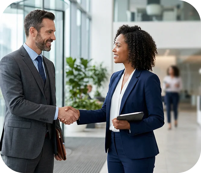 Dos profesionales de negocios estrechando la mano en reunión corporativa