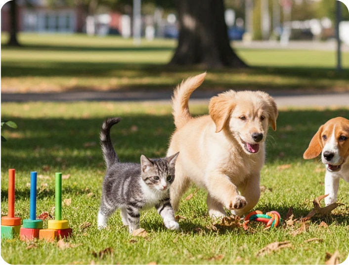 Mascotas felices jugando en el parque — Ekinpet