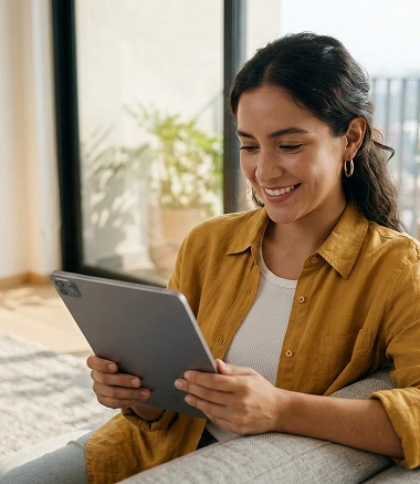 Mujer revisando información médica en tableta