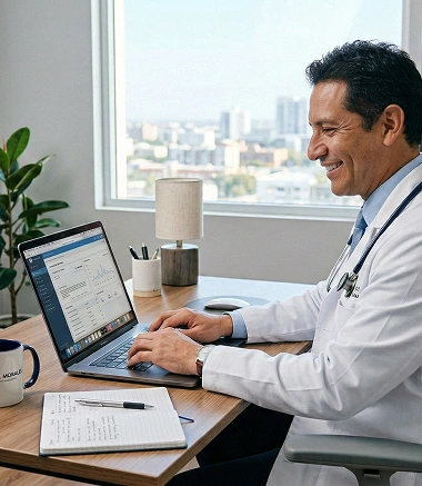 Especialista médico en consultorio moderno