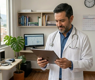 Médico revisando información en tableta — Ekinmed para profesionales