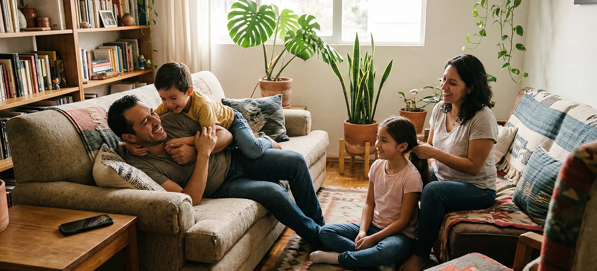 Familia feliz en casa — Ekinmed para el cuidado de la salud familiar